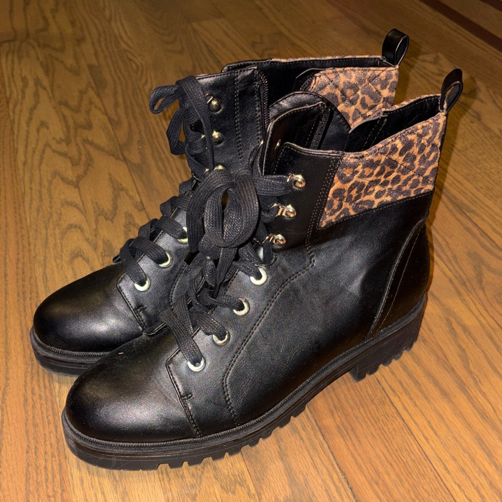 Nine West Black Lace-Up Boots with Leopard Accent